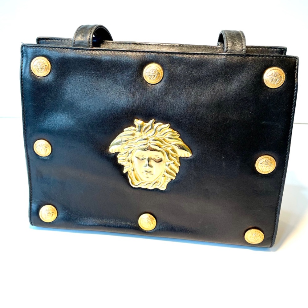 VTG GIANNI VERSACE COUTURE black leather shoulder bag w/ leather strap & Medusa